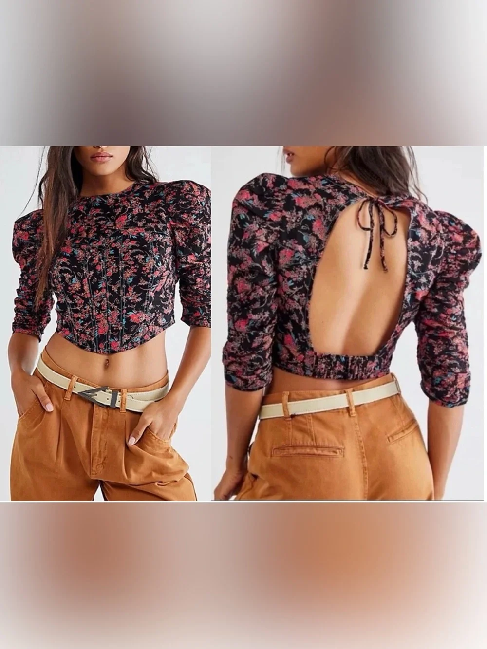 Free People Monica Floral Cropped Top Corset Black Cotton Boho Small Western
